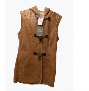 $1150 Space Couture Leather & Shearling Hooded Jacket Vest Brown Women M & L